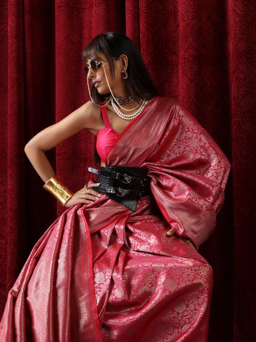 Banarasi Fuchsia Red Jaal Silk Saree with Blouse Fabric