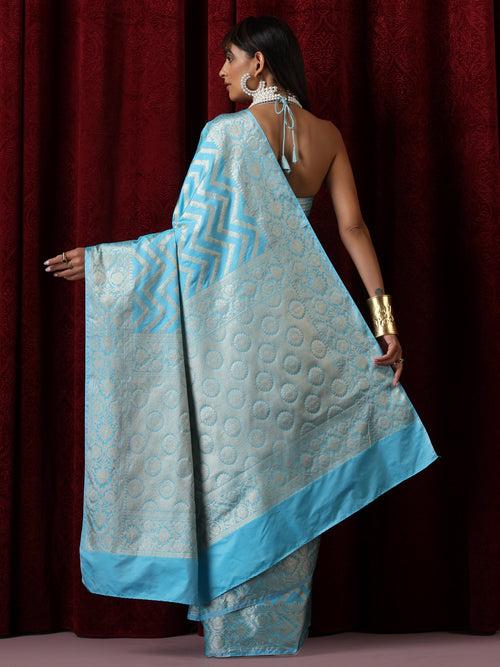 Pure Silk Blue Chevron Saree with Blouse Fabric