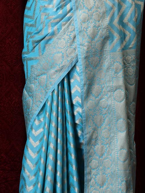 Pure Silk Blue Chevron Saree with Blouse Fabric