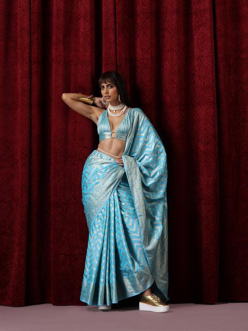 Pure Silk Blue Chevron Saree with Blouse Fabric