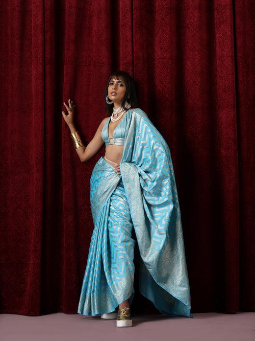 Pure Silk Blue Chevron Saree with Blouse Fabric