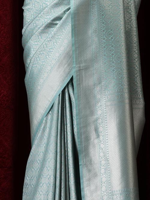 Banarasi Soul Mate Blue Pure Silk Jaal Jacquard Saree with Blouse Fabric