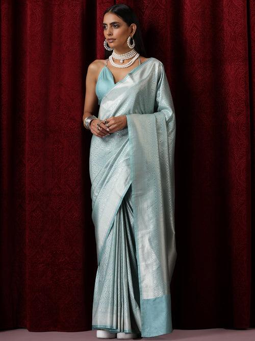 Banarasi Soul Mate Blue Pure Silk Jaal Jacquard Saree with Blouse Fabric