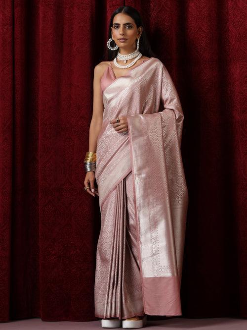 Banarasi Blush Pure Silk Jaal Jacquard Saree with Blouse Fabric