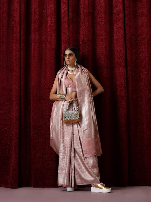 Banarasi Blush Pure Silk Jaal Jacquard Saree with Blouse Fabric