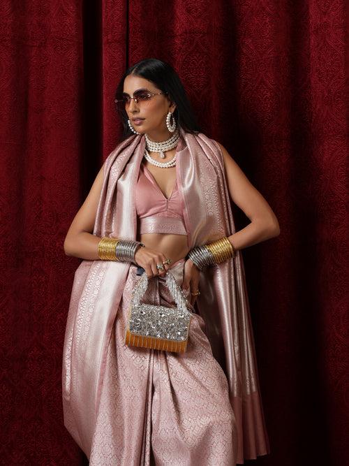 Banarasi Blush Pure Silk Jaal Jacquard Saree with Blouse Fabric