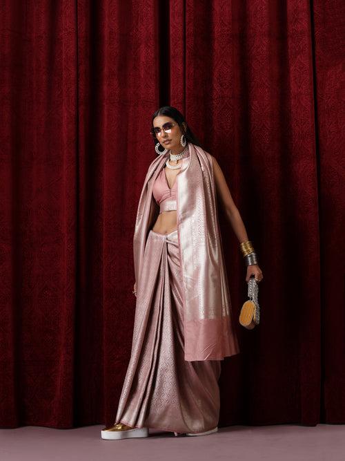 Banarasi Blush Pure Silk Jaal Jacquard Saree with Blouse Fabric