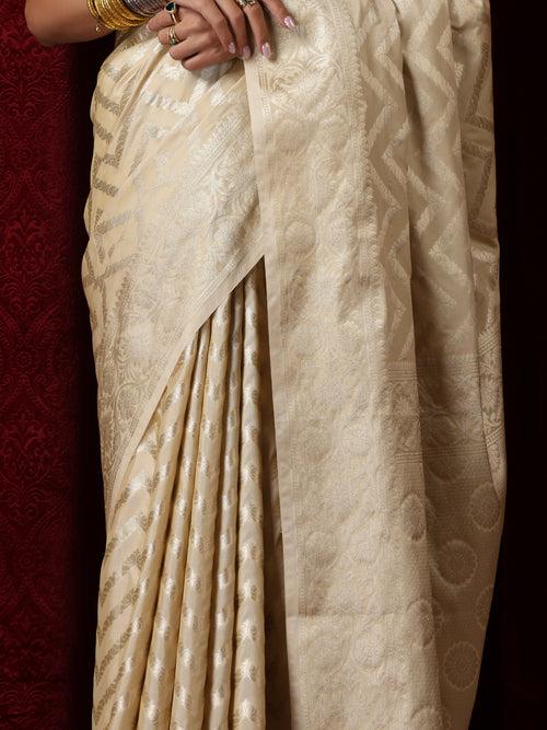 Pure Silk Cream Chevron Saree with Blouse Fabric