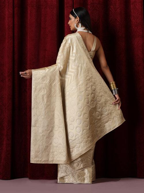 Pure Silk Cream Chevron Saree with Blouse Fabric