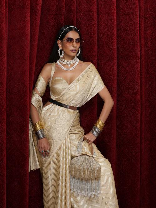 Pure Silk Cream Chevron Saree with Blouse Fabric