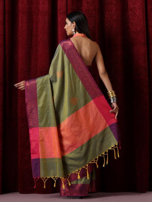 Green Purple Blended Soft Silk Saree with Blouse Fabric