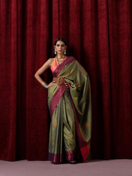 Green Purple Blended Soft Silk Saree with Blouse Fabric