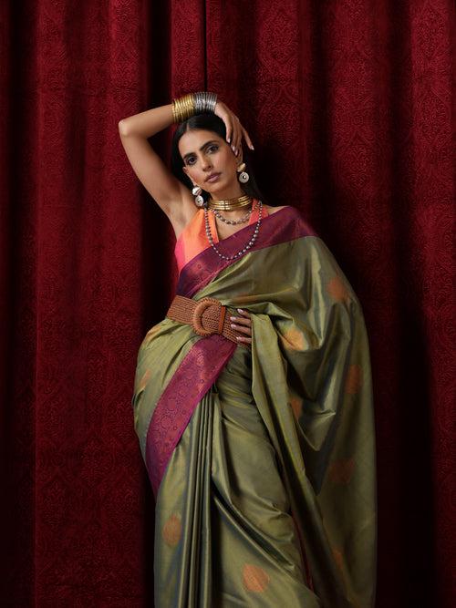 Green Purple Blended Soft Silk Saree with Blouse Fabric