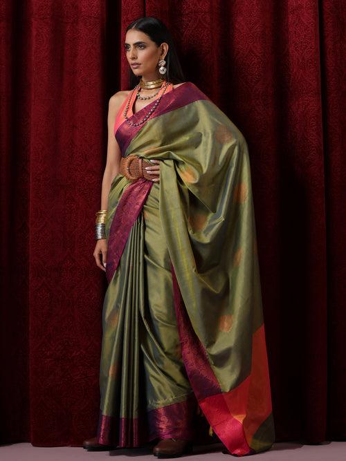 Green Purple Blended Soft Silk Saree with Blouse Fabric