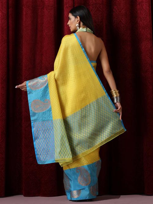 Yellow Jacquard Saree with Blue Border with Blouse Fabric