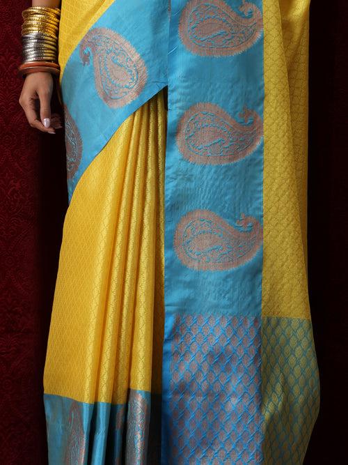 Yellow Jacquard Saree with Blue Border with Blouse Fabric