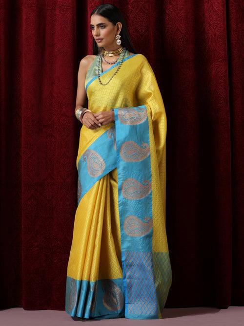 Yellow Jacquard Saree with Blue Border with Blouse Fabric