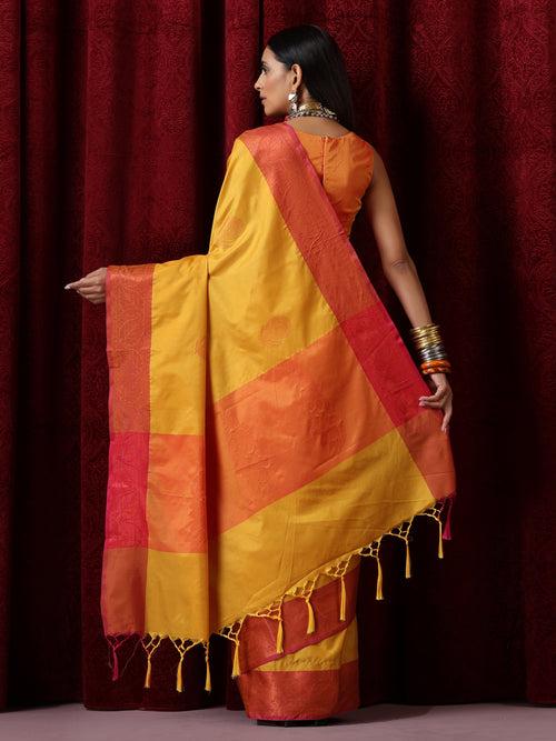 Yellow Red Blended Soft Silk Saree with Blouse Fabric