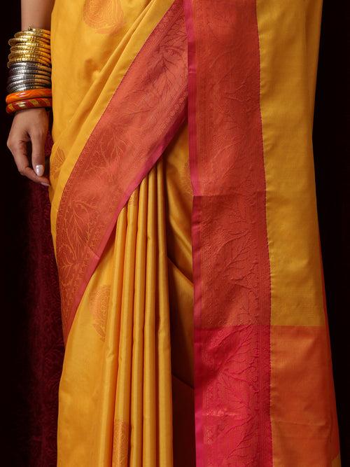 Yellow Red Blended Soft Silk Saree with Blouse Fabric