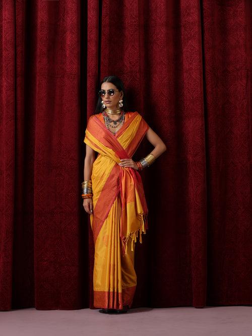 Yellow Red Blended Soft Silk Saree with Blouse Fabric