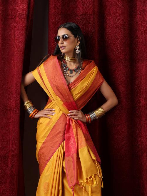 Yellow Red Blended Soft Silk Saree with Blouse Fabric