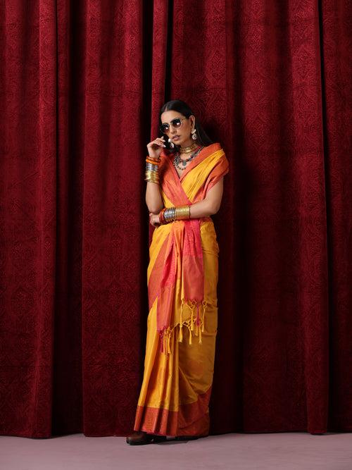 Yellow Red Blended Soft Silk Saree with Blouse Fabric