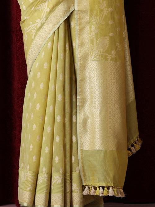 Gayatri Devi Lime Yellow Cotton Silk Dual Shade Saree with Blouse Fabric