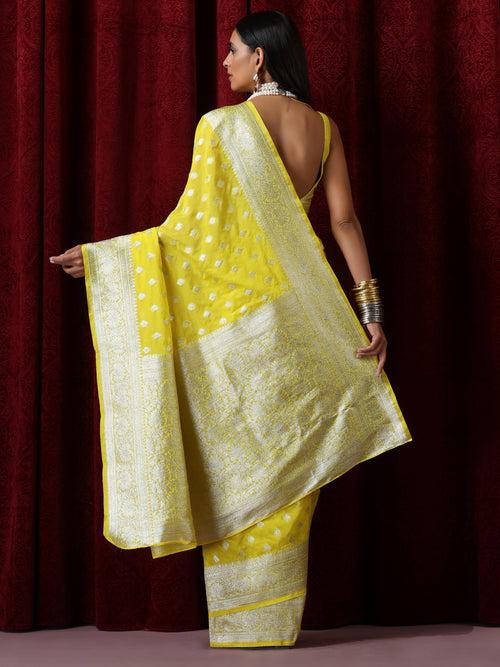 Yellow and Silver Pure Georgette Saree with Blouse Fabric