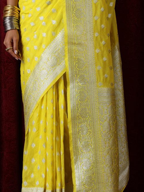 Yellow and Silver Pure Georgette Saree with Blouse Fabric