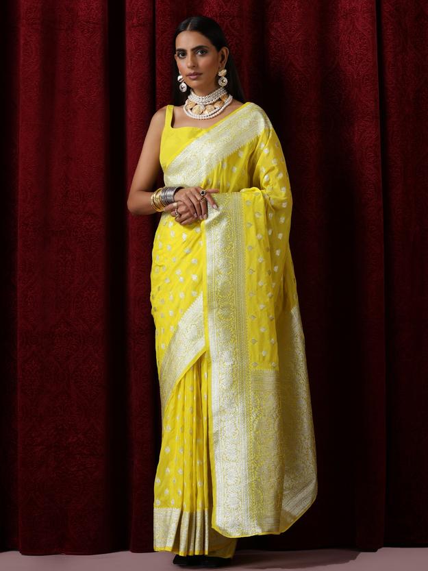 Yellow and Silver Pure Georgette Saree with Blouse Fabric