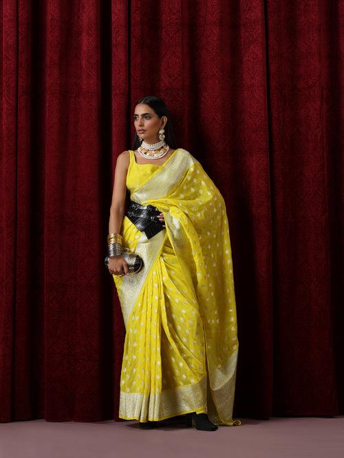 Yellow and Silver Pure Georgette Saree with Blouse Fabric