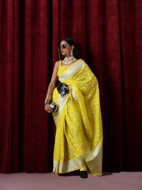 Yellow and Silver Pure Georgette Saree with Blouse Fabric