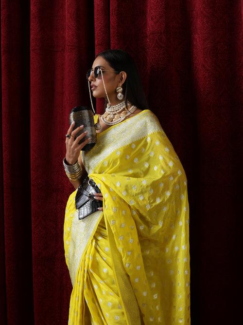 Yellow and Silver Pure Georgette Saree with Blouse Fabric