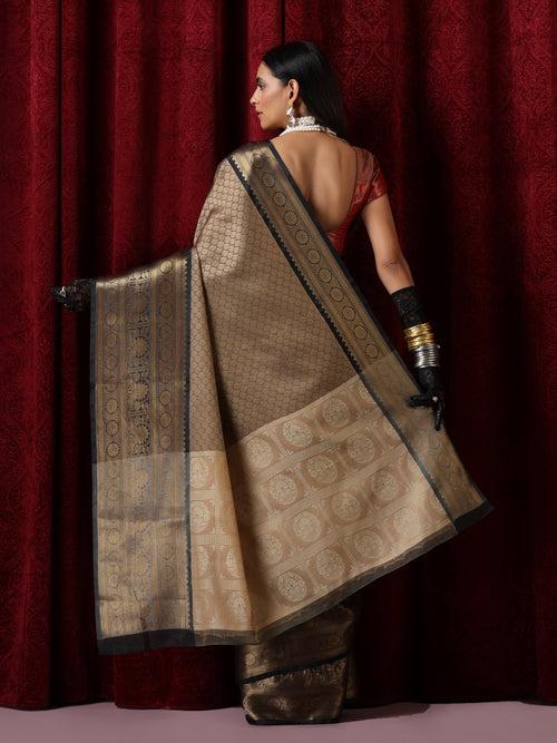 Beige Jacquard Saree with Black Border with Blouse Fabric