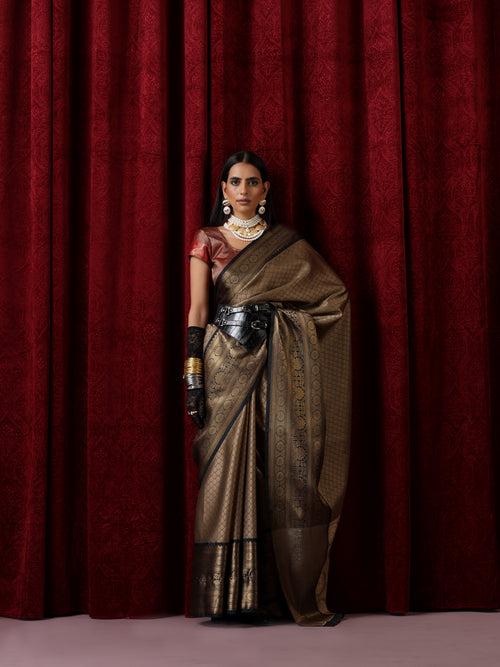 Beige Jacquard Saree with Black Border with Blouse Fabric