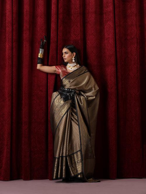 Beige Jacquard Saree with Black Border with Blouse Fabric