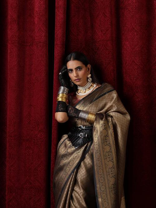 Beige Jacquard Saree with Black Border with Blouse Fabric