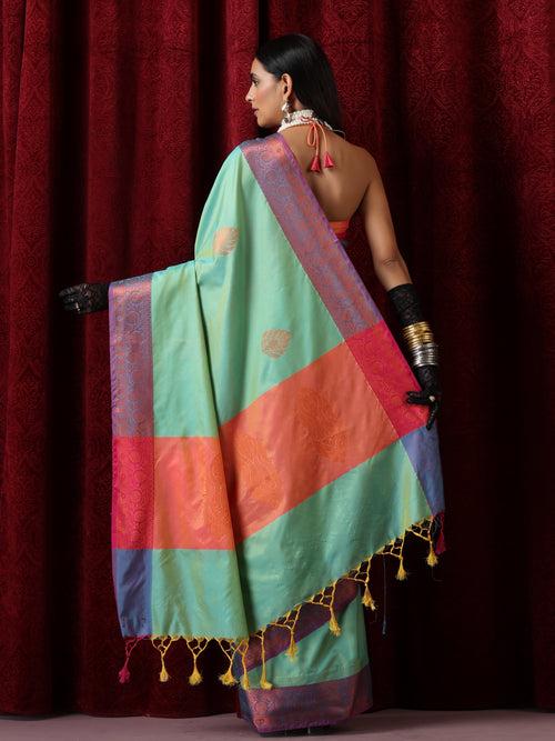 Blue Pink Blended Soft Silk Saree with Blouse Fabric