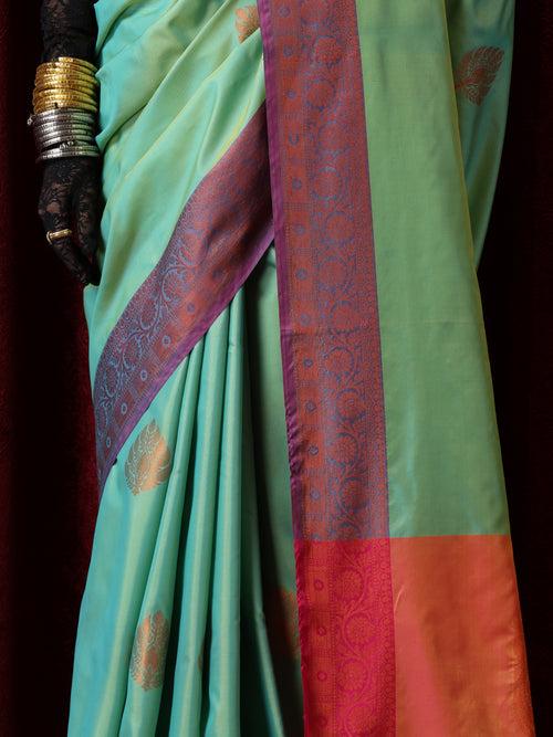 Blue Pink Blended Soft Silk Saree with Blouse Fabric