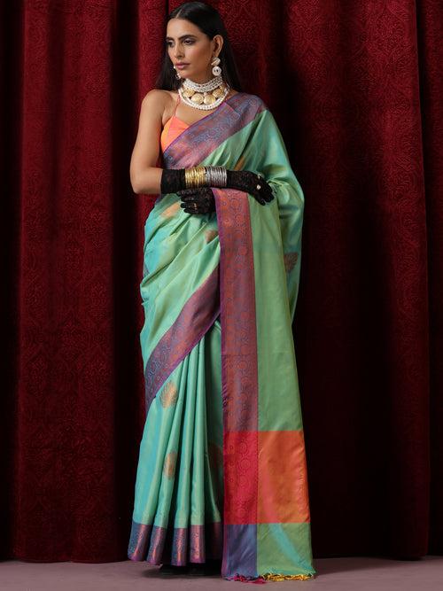 Blue Pink Blended Soft Silk Saree with Blouse Fabric