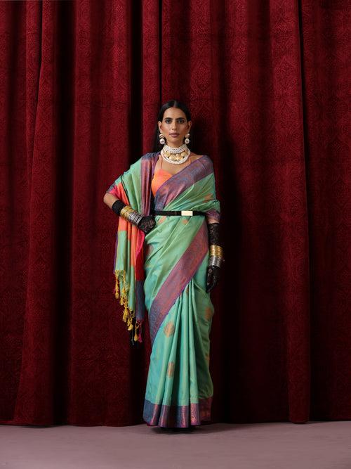 Blue Pink Blended Soft Silk Saree with Blouse Fabric