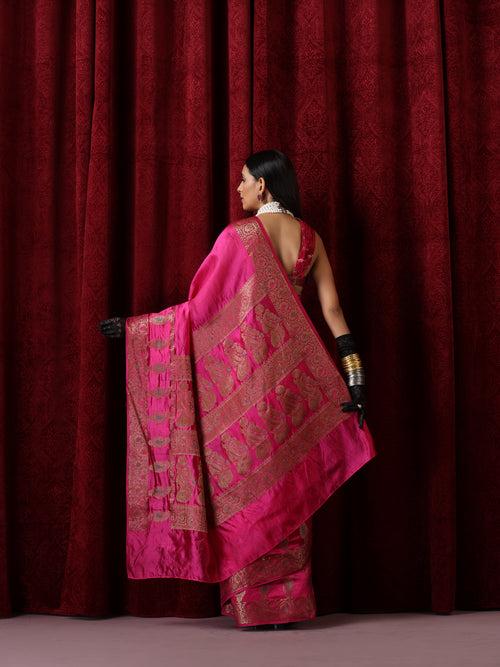 Banarasi Meena Kari Pink Pure Silk Saree with Blouse Fabric