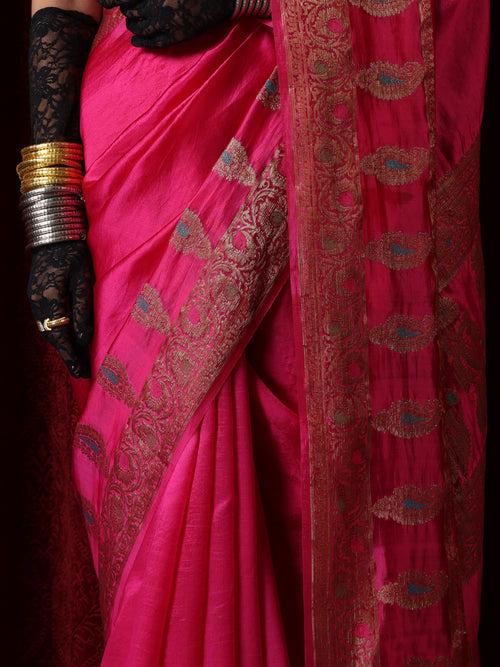 Banarasi Meena Kari Pink Pure Silk Saree with Blouse Fabric