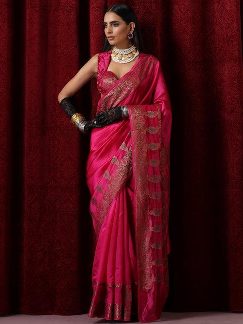 Banarasi Meena Kari Pink Pure Silk Saree with Blouse Fabric