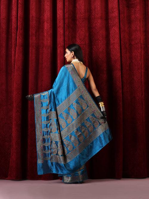 Banarasi Meena Kari Blue Pure Silk Saree with Blouse Fabric