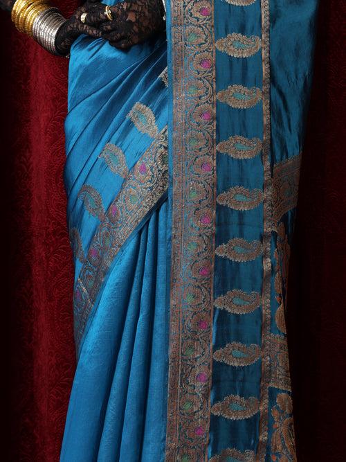 Banarasi Meena Kari Blue Pure Silk Saree with Blouse Fabric