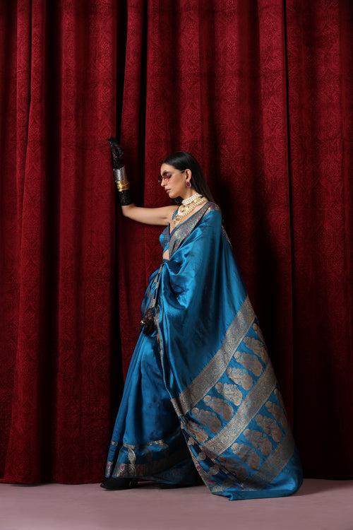 Banarasi Meena Kari Blue Pure Silk Saree with Blouse Fabric