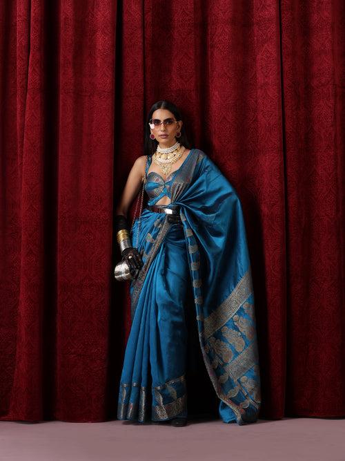 Banarasi Meena Kari Blue Pure Silk Saree with Blouse Fabric