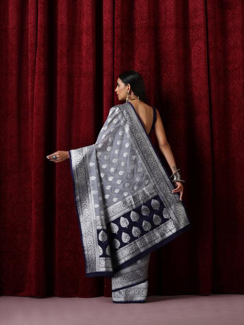 Blue and Silver Georgette Silk Saree with Blouse Fabric