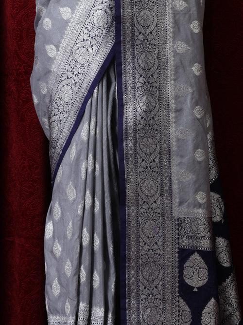 Blue and Silver Georgette Silk Saree with Blouse Fabric